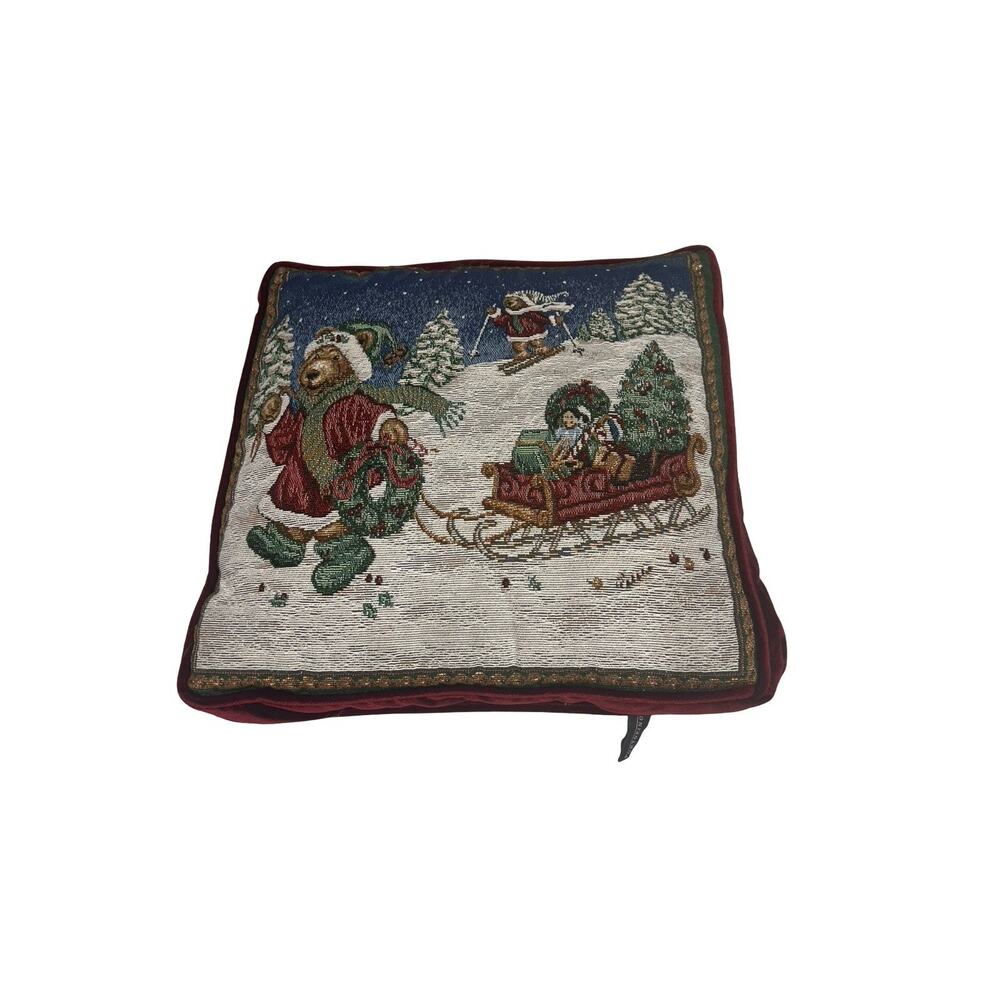 Portofino Tapestry Christmas Throw Pillow Teddy Bear Santa & Sleigh Velvet 16"